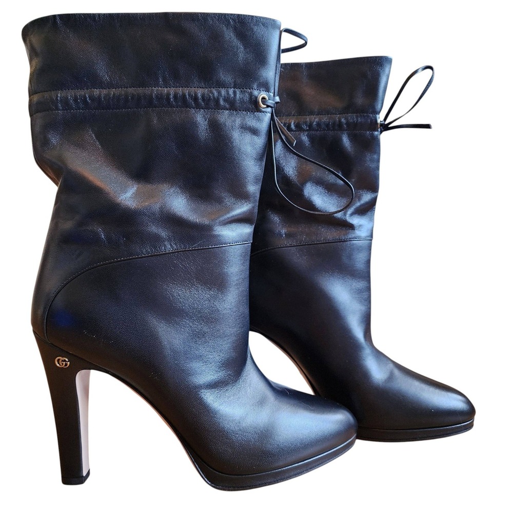 Gucci Black Leather Drawstring Stiletto Mid-Calf Boots 626719 Size 10/10.5 US - Picture 7 of 13
